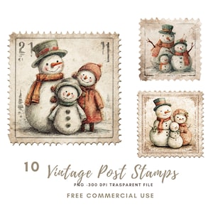 Vintage Post Stamps Christmas Snowman Clipart PNG,Bundle 10 High Quality ,Beige Snowman,Printable Stickers Goodnotes, Digital Download| 924