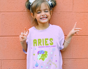 Kids Aries T-Shirt, Cute Retro Aesthetic Birth Sign Tee, Youth Astrology Birthday Gift, Zodiac Sign Kids Boho Clothes, Back to School Outfit