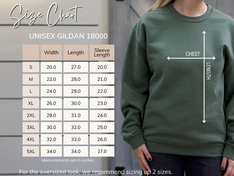 K&ouml;nnte beinhalten: Gr&ouml;&szlig;entabelle f&uuml;r Unisex-Sweatshirts von Gildan 18000. Die Tabelle zeigt die Ma&szlig;e in Zoll f&uuml;r Breite, L&auml;nge und &Auml;rmell&auml;nge f&uuml;r die Gr&ouml;&szlig;en S bis 5XL. Die Tabelle zeigt auch ein Diagramm eines Sweatshirts mit den Ma&szlig;en "Brust" und "L&auml;nge".