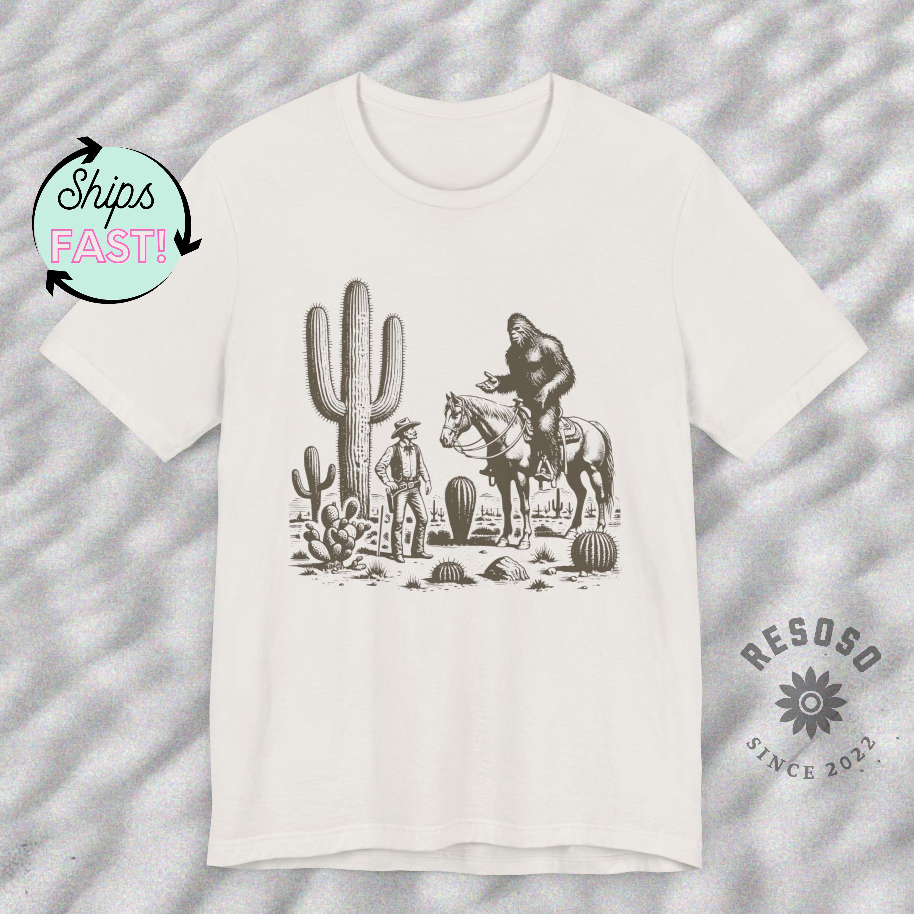 Western Cowboy And Bigfoot Shirt, Funny Vintage 90s Sweatshirt, Sasquatch and Cowboy Kids Shirt, Western Graphic Tee, Weirdcore Meme Shirt