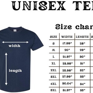 May include: Unisex tee size chart with measurements in inches for width, length, and sleeve. Sizes range from S to 5XL.