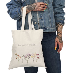Wachsen Sie, wo Sie gepflanzt sind, natürliche Tasche, Blumen, Bauernmarkt, trendy, Blüte, Pflanze, Tasche, LA