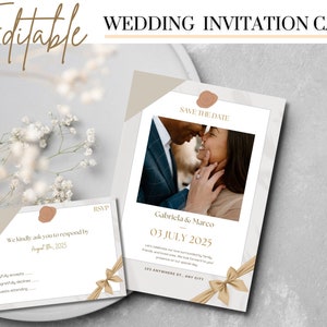 Bewerkbare bruiloft uitnodiging sjabloon | Kaart met nieuwe parennamen en ceremoniedata | Afdrukbare elegante Boho bruin beige uitnodigen