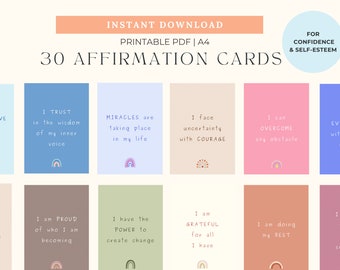 30 Tarjetas de Afirmación Digital para confianza y autoestima, descarga digital, tarjetas de citas positivas, cuidado personal, amor propio, Imprimibles en PDF
