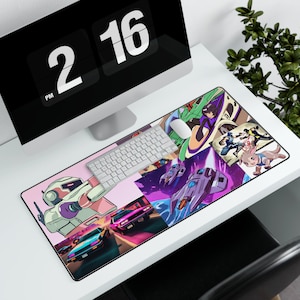 May include: A colorful mousepad with a collage of images including a robot, spaceships, cars, and anime characters. The mousepad has a pink, purple, and blue color scheme.