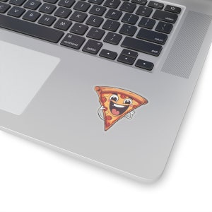 May include: A cartoon pizza slice with a smiling face and pepperoni toppings. The pizza slice is on a white background.