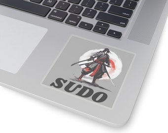 May include: A sticker featuring a black and white illustration of a samurai warrior holding two swords. The warrior is standing in front of a red circle with a white background. The text "SUDO" is printed below the image.