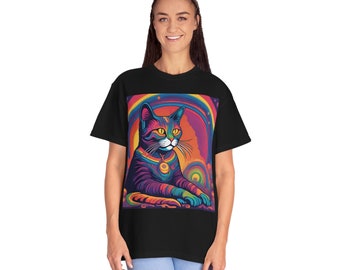 May include: A black t-shirt featuring a colourful graphic of a cat sitting in a psychedelic rainbow background.