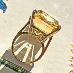 Vintage Emerald Cut Citrine Cocktail Ring | Mid Century 14K Gold Diamond Accent Statement Ring