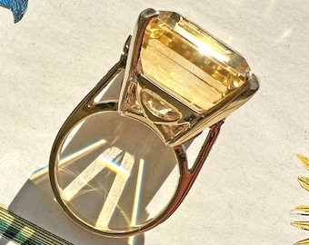 Vintage Emerald Cut Citrine Cocktail Ring | Mid Century 14K Gold Diamond Accent Statement Ring