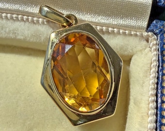 Vintage 14k Gold Citrine Statement Pendant, Large Oval Citrine, Hexagon Setting