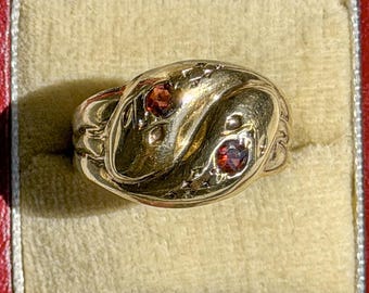 Vintage 1978 9k Gold Garnet Double Snake Ring | Birmingham Hallmarks | Antique Style Serpent Ring