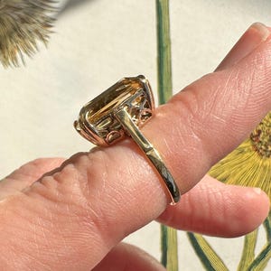 May include: A gold ring featuring a large, rectangular, amber-colored gemstone. The ring's setting has intricate filigree detailing. The band is a simple, polished gold. The ring is shown on a finger against a backdrop of botanical illustrations.