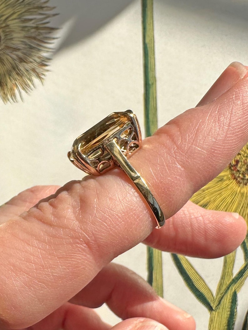 May include: A gold ring featuring a large, rectangular, amber-colored gemstone. The ring's setting has intricate filigree detailing. The band is a simple, polished gold. The ring is shown on a finger against a backdrop of botanical illustrations.