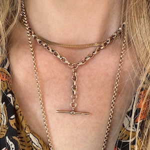 Antique 9k Gold Lover&#39;s Knot Albert Chain Necklace with T-Bar