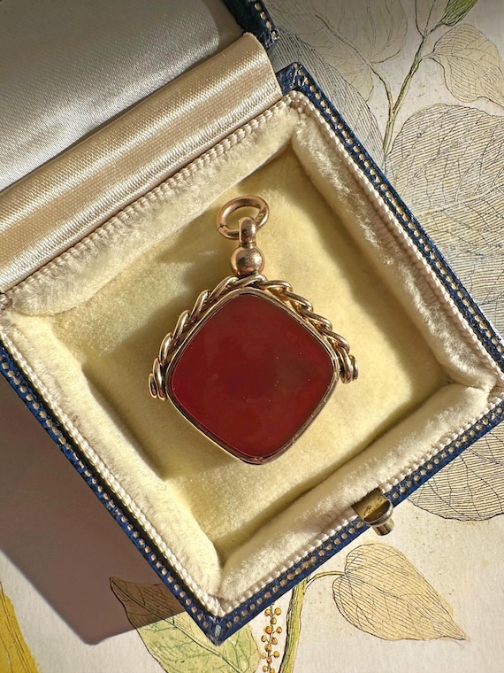 Antique 9k gold swivel fob bloodstone & carnelian spinner pendant hallmarked 1900