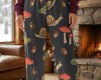 Goblincore Pajama Pants, Forager Snail Beetle Print Sleepwear