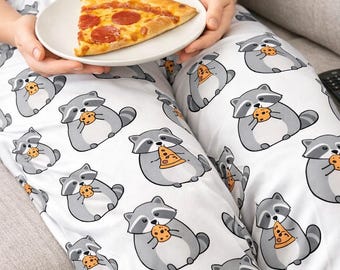 Pantaloni del pigiama divertenti con procione, regalo a forma di panda della spazzatura, pigiama per amanti della pizza, graziosi pantaloni da salotto con stampa animalier, pigiama da donna a gamba larga, regalo per buongustai