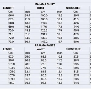 May include: A size chart for pajama shirts and pants, featuring columns for length, bust, shoulder, and sleeve for shirts, and length, waist, front rise, and hip for pants. Measurements are provided in both inches and centimeters for sizes S to 5XL.