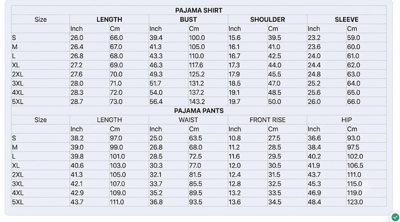 May include: A size chart for pajama shirts and pants, featuring columns for length, bust, shoulder, and sleeve for shirts, and length, waist, front rise, and hip for pants. Measurements are provided in both inches and centimeters for sizes S to 5XL.