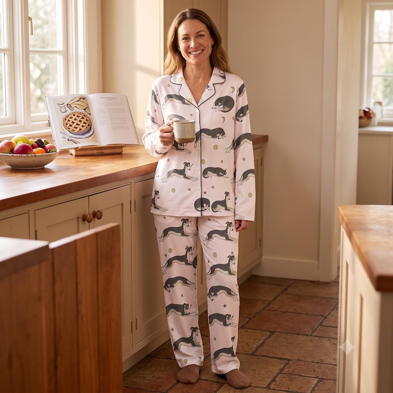 May include: A light pink pajama set featuring a repeating pattern of black and white dogs in various resting positions, accented with small stars and moons. The long-sleeved button-down top has a notched collar and dark piping along the edges.