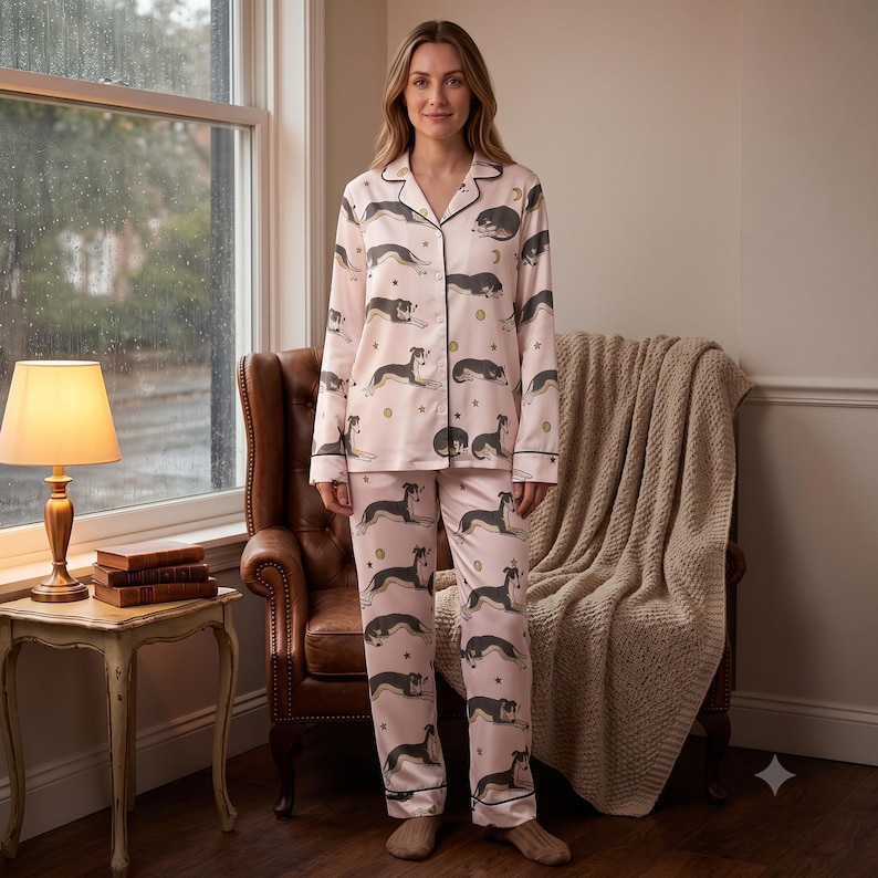 May include: A light pink pajama set featuring a repeating pattern of grey and white dogs in various resting positions, accented with small gold stars and moons. The long-sleeved button-down top and matching trousers have dark piping along the edges.