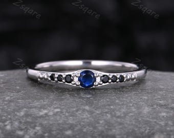 Dainty Blue Sapphire Wedding Band Sterling Silver Black Spinel Wedding Ring Art Deco Matching Stacking Band Anniversary Gift for Her
