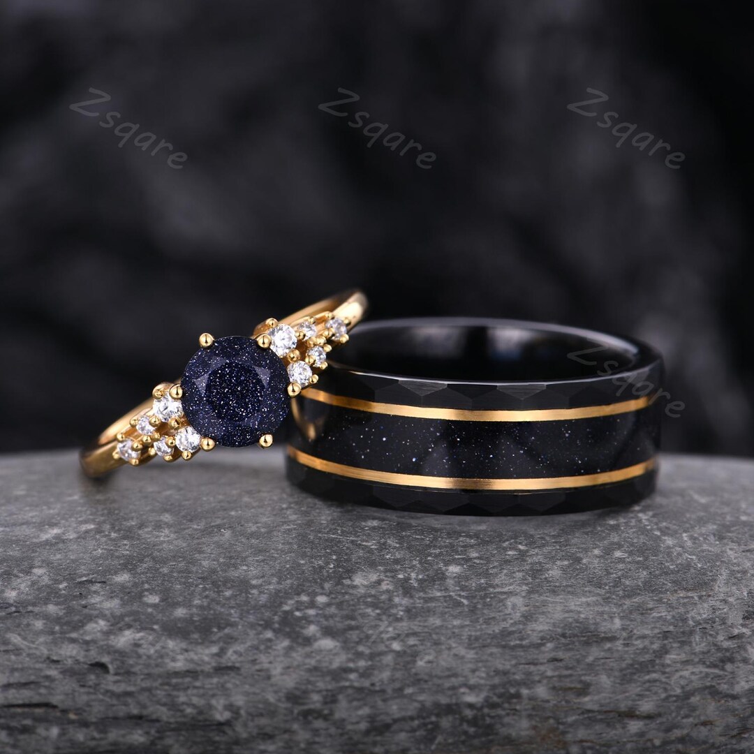 Galaxy Sandstone Couples Ring Set Blue Nebula Ring Yellow Gold His