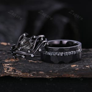 Bague pour couple en quartz rutilé noir feuille brindille ensemble de bagues assorties en or noir gothique bague météorite pour homme vintage bague de promesse pour lui et pour elle