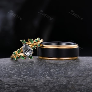 Ensemble de 2 bagues pour couple en quartz rutilé noir, or jaune, alliance pour lui et pour elle, bague en tungstène pour homme, bague promesse assortie inspirée de la nature