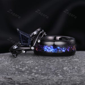Orion Nebula Ring Set, Starry Night His and Hers Wedding Band, Black Gold Matching Ring Set, Outer Space Couples Ring, Blue Sandstone Ring