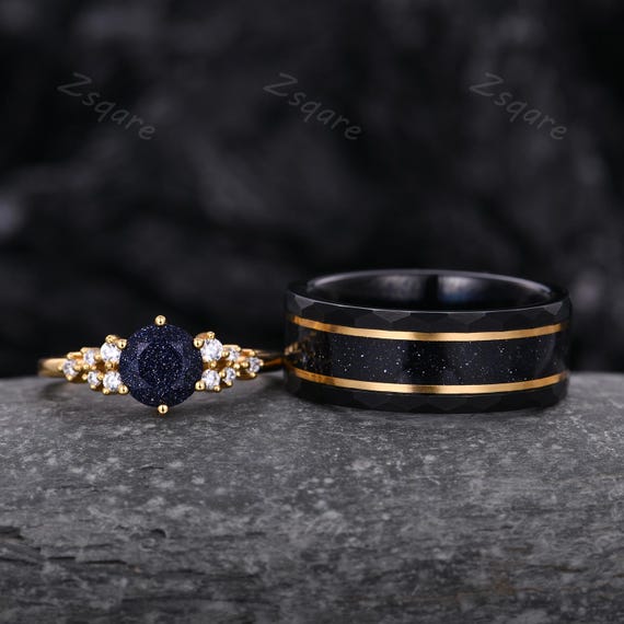 Galaxy Sandstone Couples Ring Set Blue Nebula Ring Yellow Gold His
