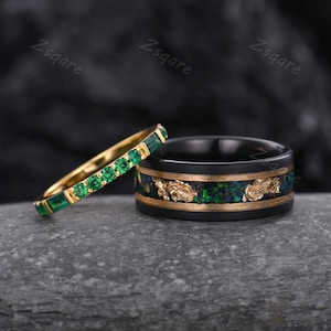 Baguette Emerald Couples Band Yellow Gold Matching Ring Set His and Hers Wedding Band Mens Emerald Ring Anniversary Gift For Men For Women