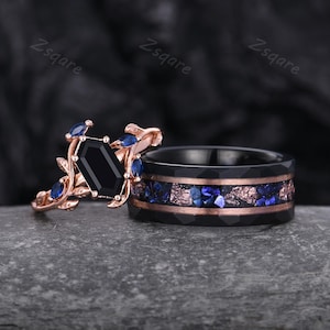 Black Onyx & Blue Sapphire Rings Vintage Rose Gold Vine Leaf Ring Mens Blue Sapphire Tungsten Ring 2PCS Couples Promise Wedding Ring Set