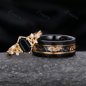 Vintage Black Onyx Couple Ring Set Yellow Gold His and Hers Matching Band Mens Meteorite Tungsten Ring Promise Rings For Men For Women