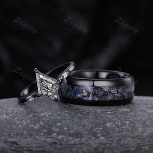 Bague couple gothique en quartz rutilé noir, or noir, alliance pour lui et pour elle, bague météorite pour homme, bague pour couple assortie, bague spatiale