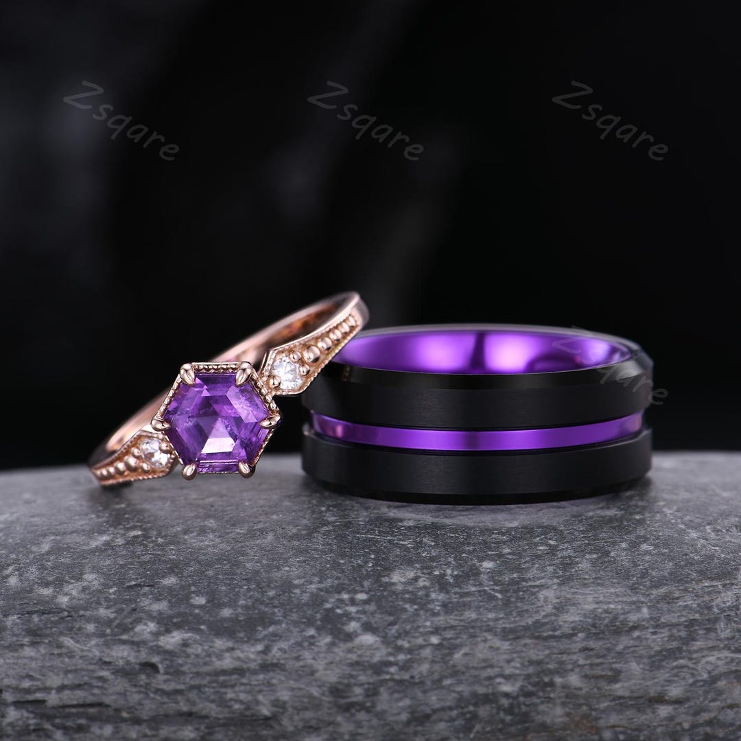 Hexagon Cut Purple Amethyst Couples Ring Unqiue His and Hers Wedding ...