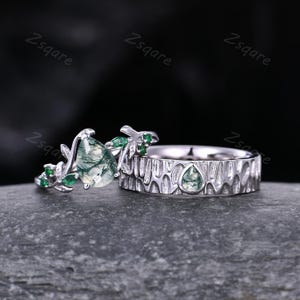 Natural moss agate couples ring silver matching His and Hers wedding band twig leaf ring Mens hammered ring couples promise ring gift