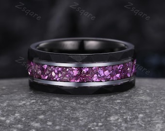 Crushed Amethyst Men's Wedding Band 8MM Hammered Black Tungsten Wedding Ring February Birthstone Ring Men's Engagement Ring Comfort Fit Band