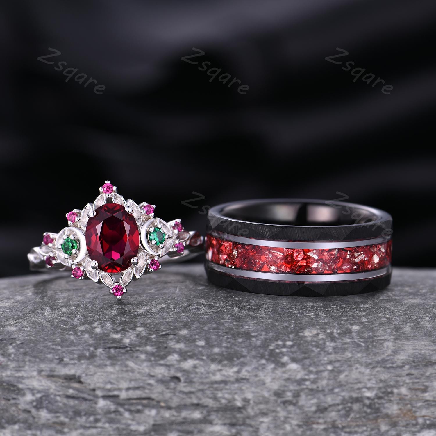 Antique Red Ruby Couples Ring White Gold His and Hers Wedding Band ...