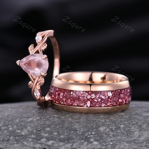 Twig Leaf Rose Quartz Couples Ring Rose Gold Matching Ring Set His and Hers Pink Gemstone Wedding Band Vintage Romantic Anniversary Gift