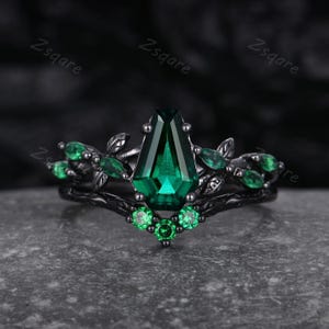 Coffin cut emerald engagement ring set Gothic black gold branch leaf emerald ring nature inspired bridal promise Wedding ring set for Women