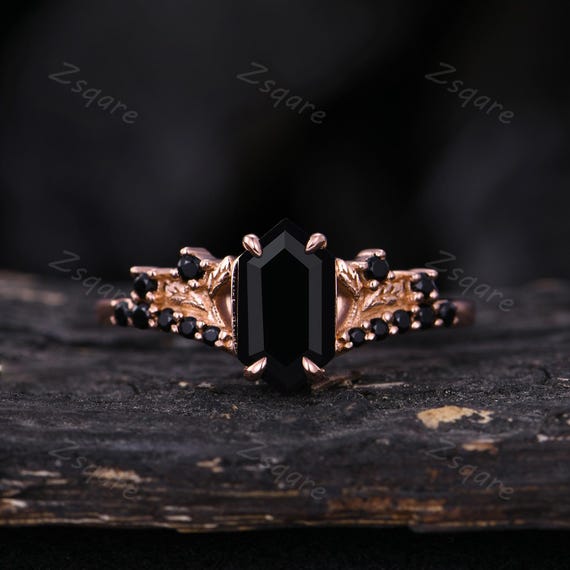 Hexagon Cut Black Onyx Couples Ring Vintage His and Hers Wedding