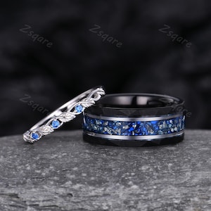 2PCS Blue Sapphire Couple&#39;s Wedding Band Twig Leaf Matching Band Mens Crushed Sapphire Ring His and Hers Rings September Anniversary ring