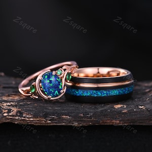 Crescent Moon Blue Fire Opal Couples Ring Rose Gold His and Herd Wedding Band Couple Matching Promise Ring Set Mens Opal Tungsten Ring