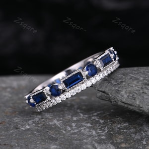 Vintage Blue Sapphire wedding band women Baguette cut Half eternity band silver wedding band Unique Stacking Matching bridal promise ring