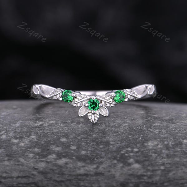 Curved emerald wedding band sterling silver stacking wedding ring twig leaf ring art deco bridal anniversary ring gift nature inspired ring