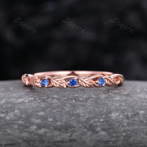 Dainty blue sapphire wedding band three stone band vine leaf stacking wedding ring branch ring art deco  ring Unique matching band bridal