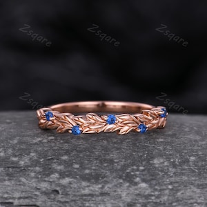 Vintage blue sapphire wedding band rose gold stacking wedding ring branch ring art deco bridal anniversary ring gift nature inspired ring