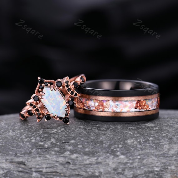 Vintage White Opal Couple Ring Set Rose Gold His and Hers Wedding